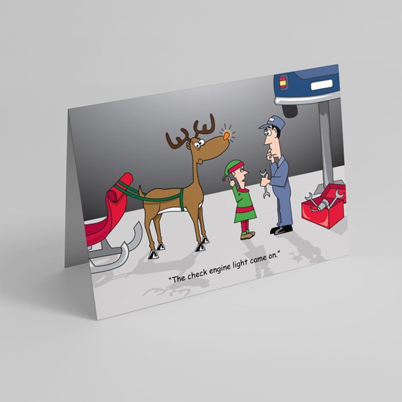 cartoon scene with reindeer, elf, and mechanic in garage
